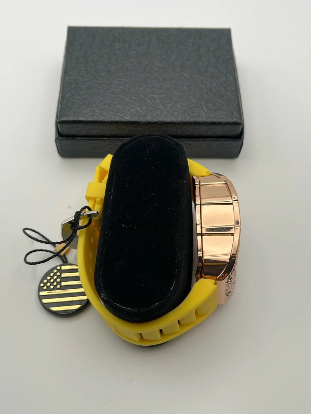 Men's Yellow Silicone Strap Watch with Crystal-Embellished Rose Gold Case